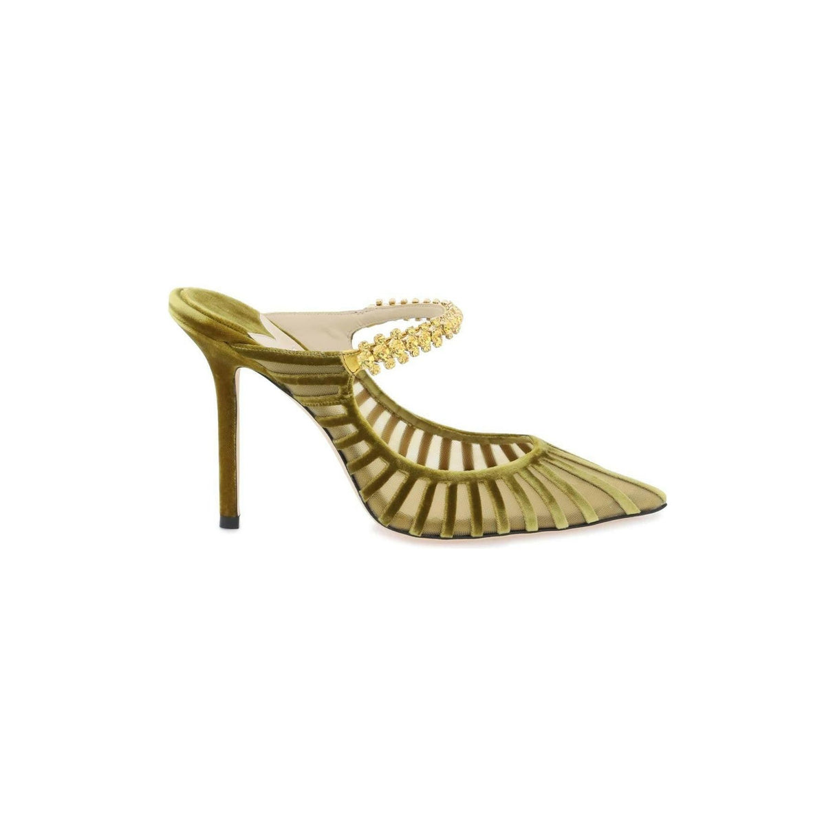 Citrine Crystal 'Bing 100' Velvet Striped Mesh Mules JIMMY CHOO JOHN JULIA.