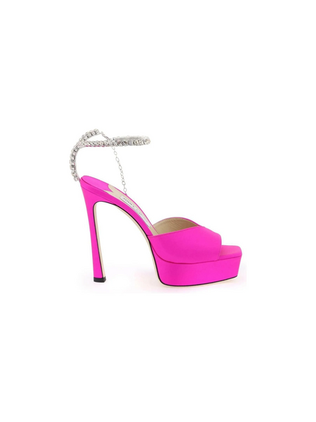 Fuchsia Crystal 'Saeda 125' Satin Platform Sandals JIMMY CHOO JOHN JULIA.