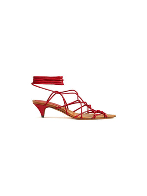 Arden Low Strappy Caged Ankle-Tie Sandals.