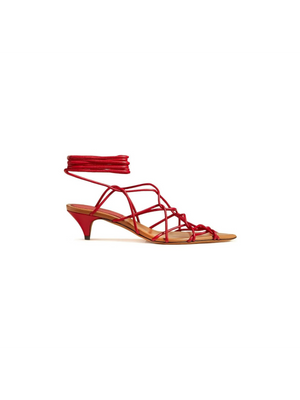 Arden Low Strappy Caged Ankle-Tie Sandals.