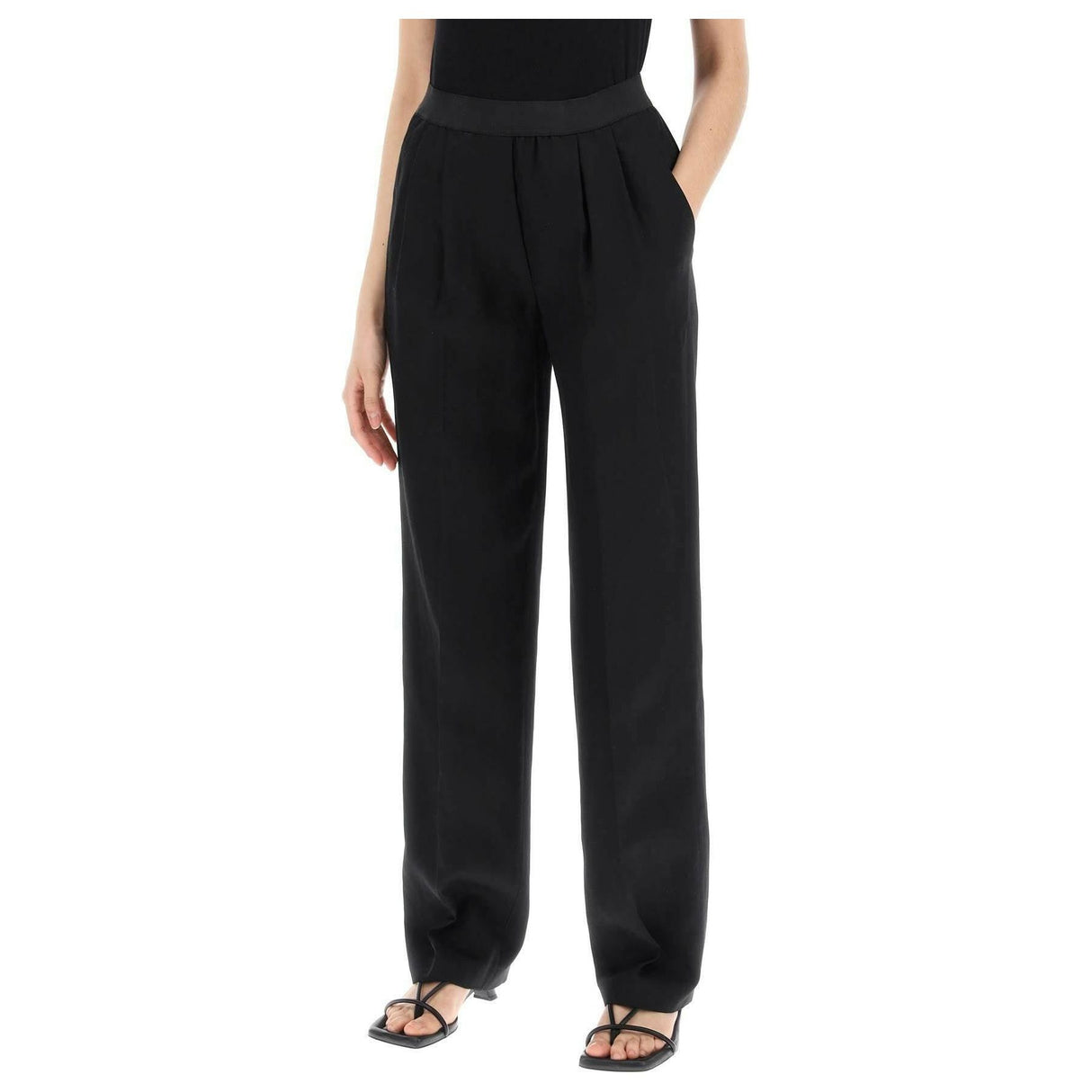 Black Takaroa Elastic Waist Pleated Pants LOULOU STUDIO JOHN JULIA.