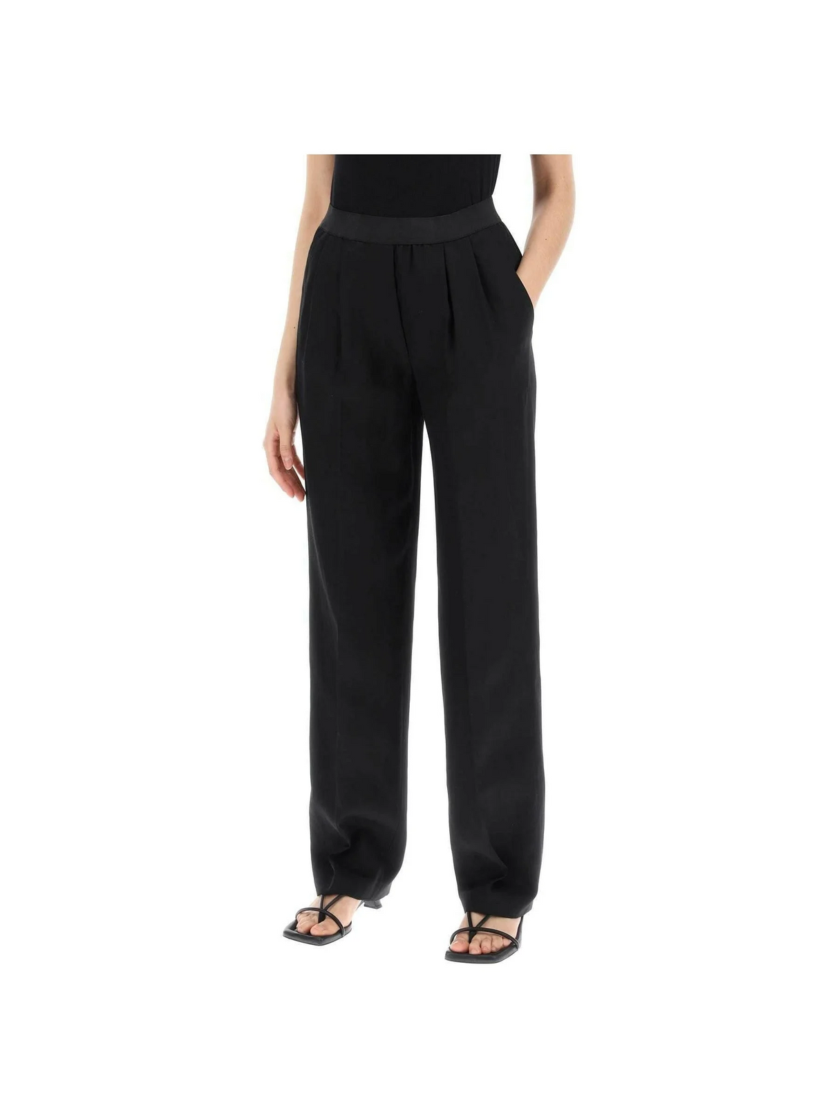 Black Takaroa Elastic Waist Pleated Pants LOULOU STUDIO JOHN JULIA.