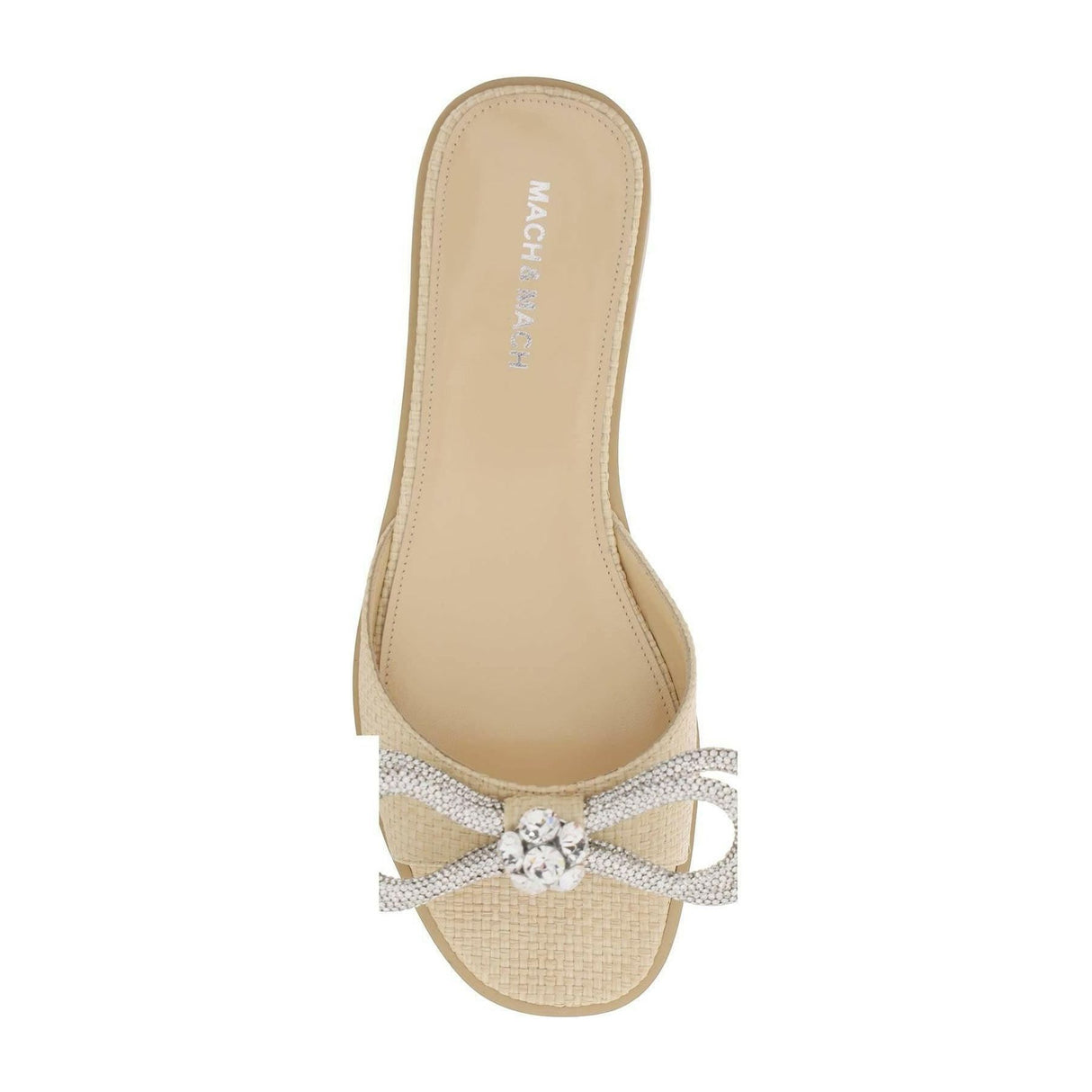 Beige Double Bow Crystal Embellished Woven Raffia Slides MACH & MACH JOHN JULIA.