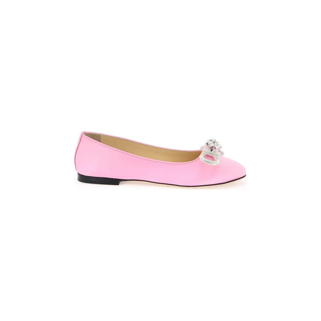 Pink Double Bow Crystal-Embellished Silk Satin Ballerina Flats MACH & MACH JOHN JULIA.