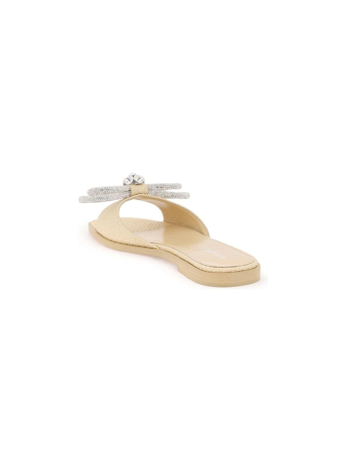 Beige Double Bow Crystal Embellished Woven Raffia Slides MACH & MACH JOHN JULIA.