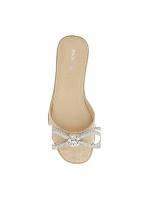 Beige Double Bow Crystal Embellished Woven Raffia Slides MACH & MACH JOHN JULIA.