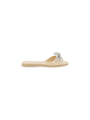 Beige Double Bow Crystal Embellished Woven Raffia Slides MACH & MACH JOHN JULIA.