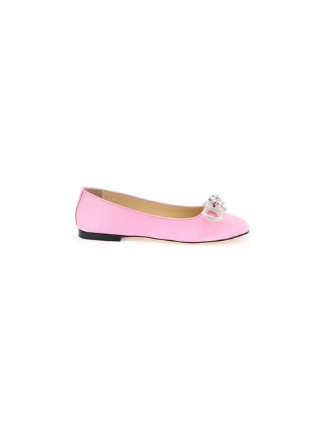 Pink Double Bow Crystal-Embellished Silk Satin Ballerina Flats MACH & MACH JOHN JULIA.