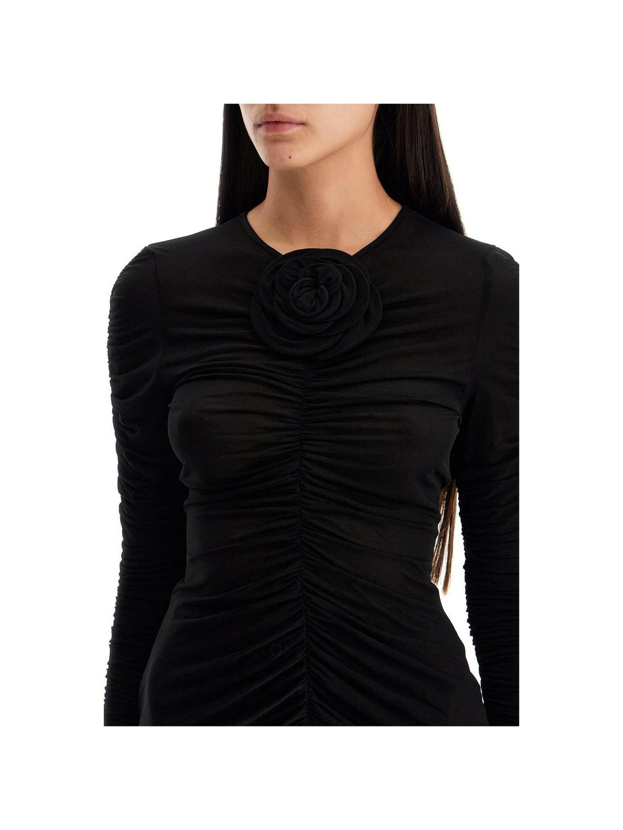 MAGDA BUTRYM-Sheer Ruched Rose Appliqué Top-JOHN JULIA