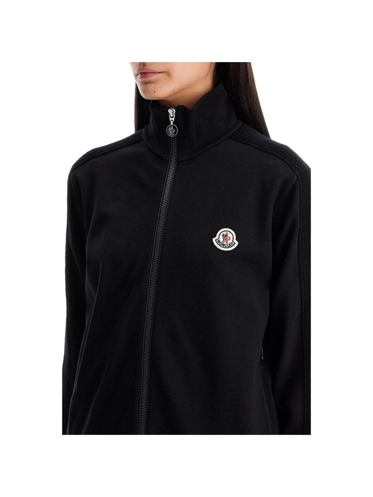 Black Milano Stitch Knit Band Sweatshirt with high collar and circular logo patch