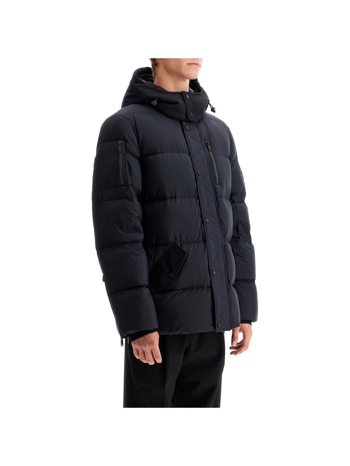 Black puffy Everest 3Q Down Jacket with hood and snap button closure for warmth