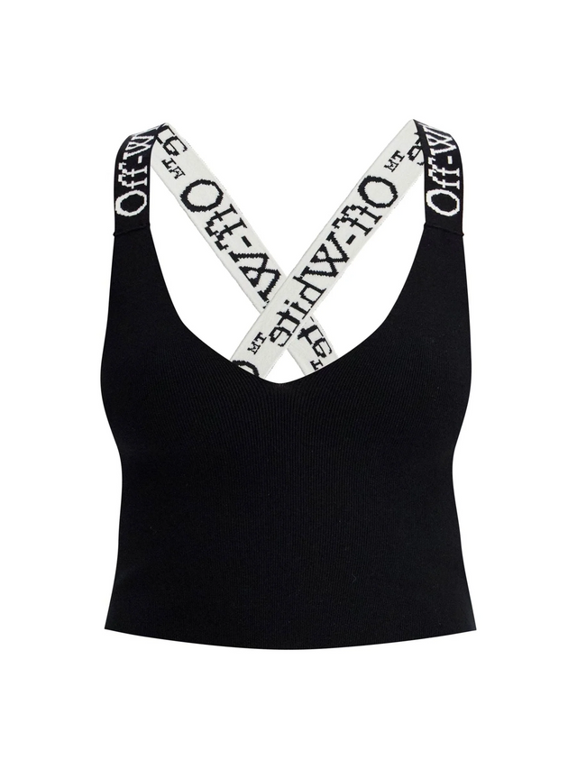 OFF-WHITE-Knitted Crop Top With Branded Straps -JOHN JULIA.