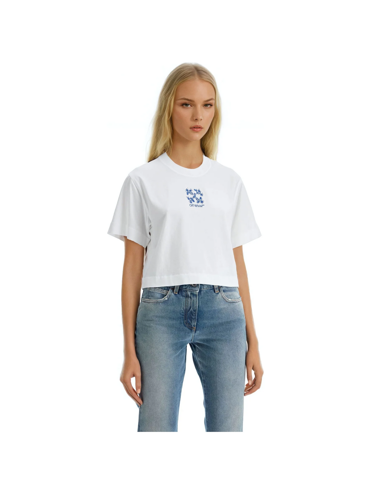 OFF-WHITE-Off Embroidered Cropped Tee -JOHN JULIA.