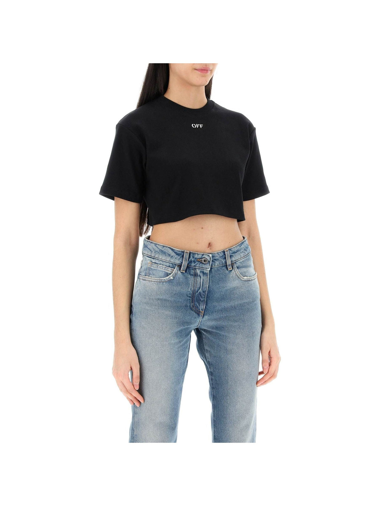 Ribbed Cotton Cropped T-Shirt OFF Embroidery