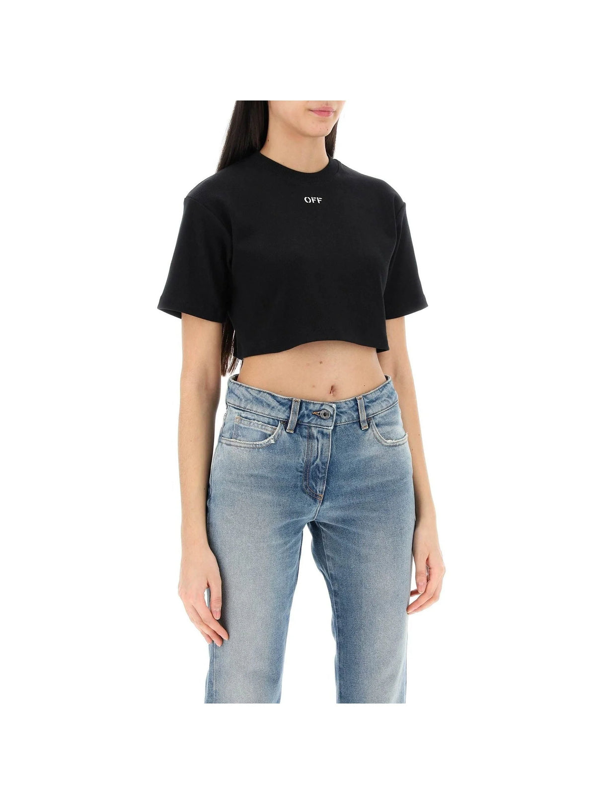 Ribbed Cotton Cropped T-Shirt OFF Embroidery - Women > Clothing > Tops and Sweatshirts > T-shirts and Polo shirts