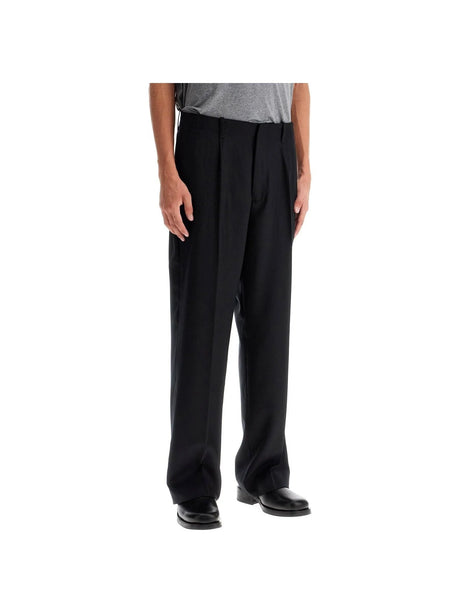 Black Panama Wool Tailored Trousers featuring a loose, straight-leg fit for versatile style