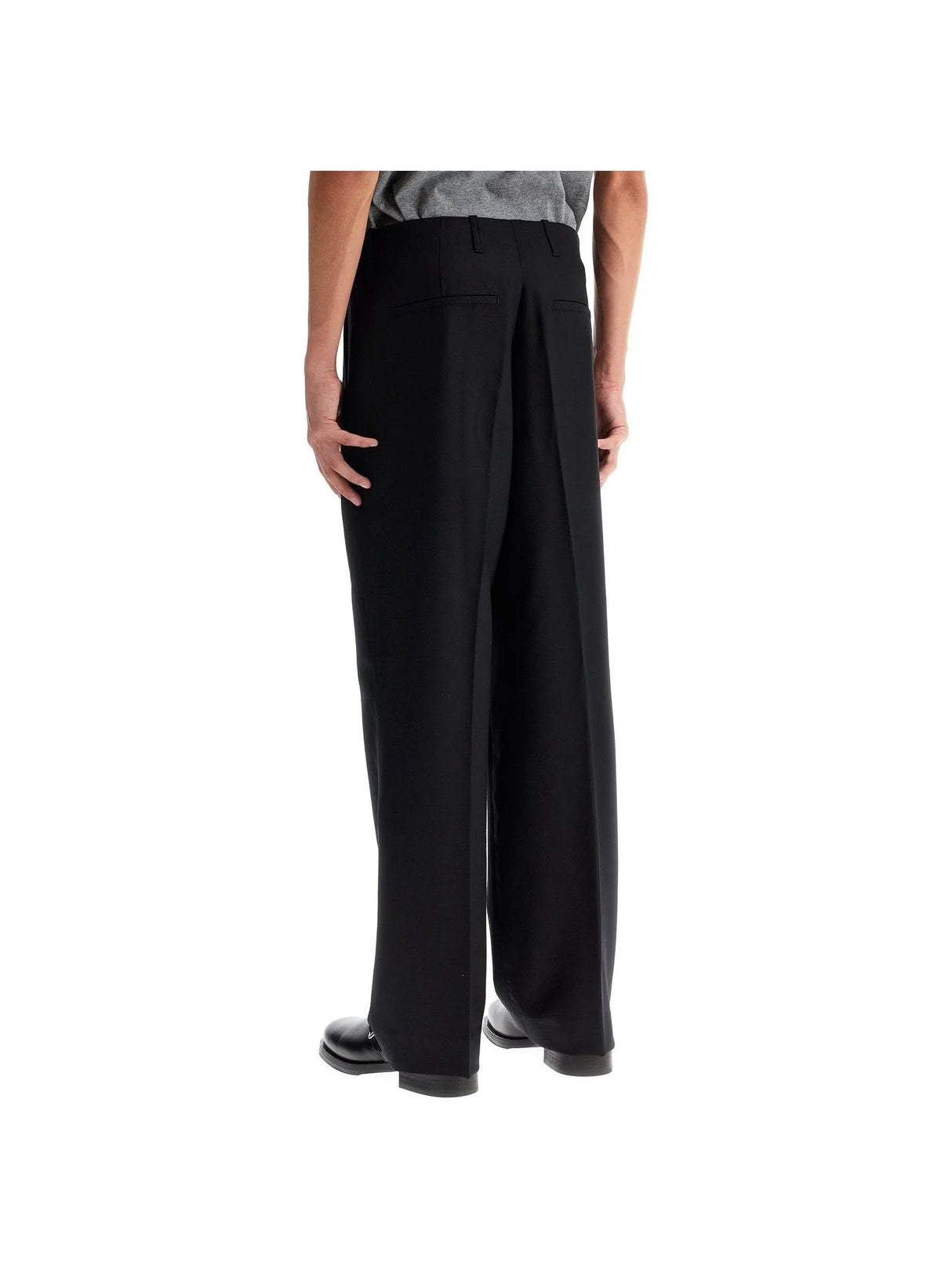 Black wide-leg Panama Wool Tailored Trousers viewed from behind for a stylish look