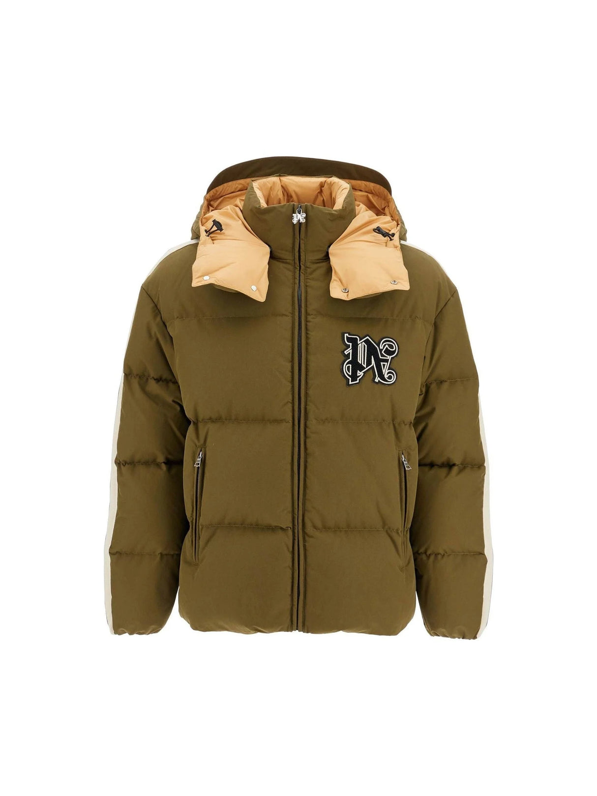 Olive green Cotton Blend Down Jacket with hood and beige collar patches by Palm Angels