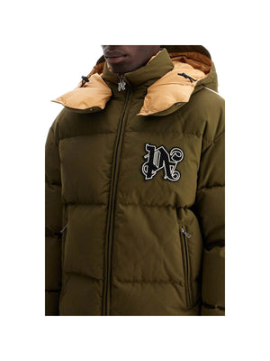 Olive green Cotton Blend Down Jacket with tan hood and Palm Angels logo patch on chest