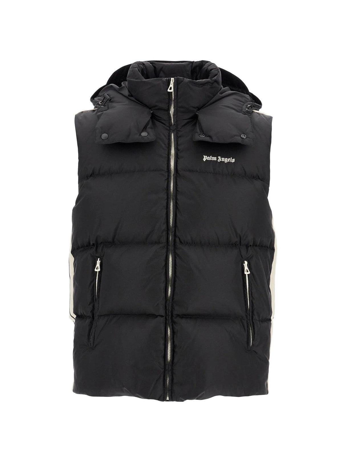 Black puffy hooded vest in quilted technical fabric with zipper and side pockets