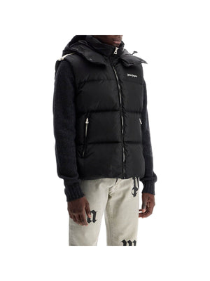 Black Quilted Technical Fabric Sleeveless Down Jacket with a hood and zippered pockets