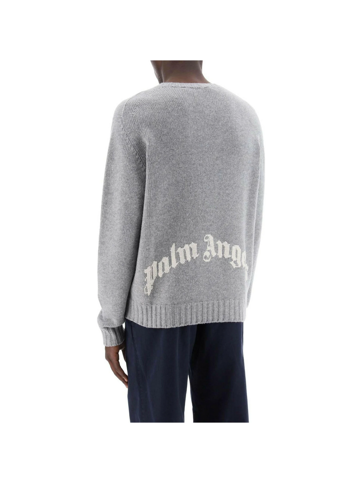 Wool-Blend Curved Intarsia Logo Crewneck Sweater.