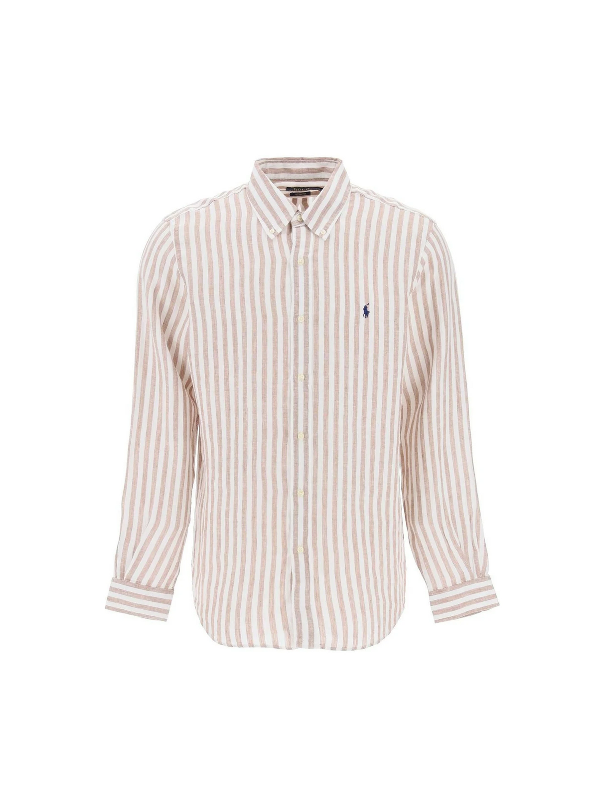 White and Khaki Striped Custom-Fit Linen Shirt.