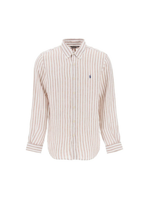 White and Khaki Striped Custom-Fit Linen Shirt.