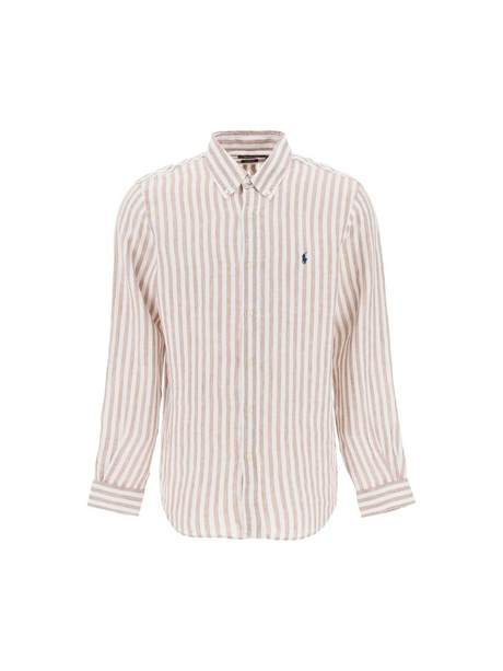 White and Khaki Striped Custom-Fit Linen Shirt.