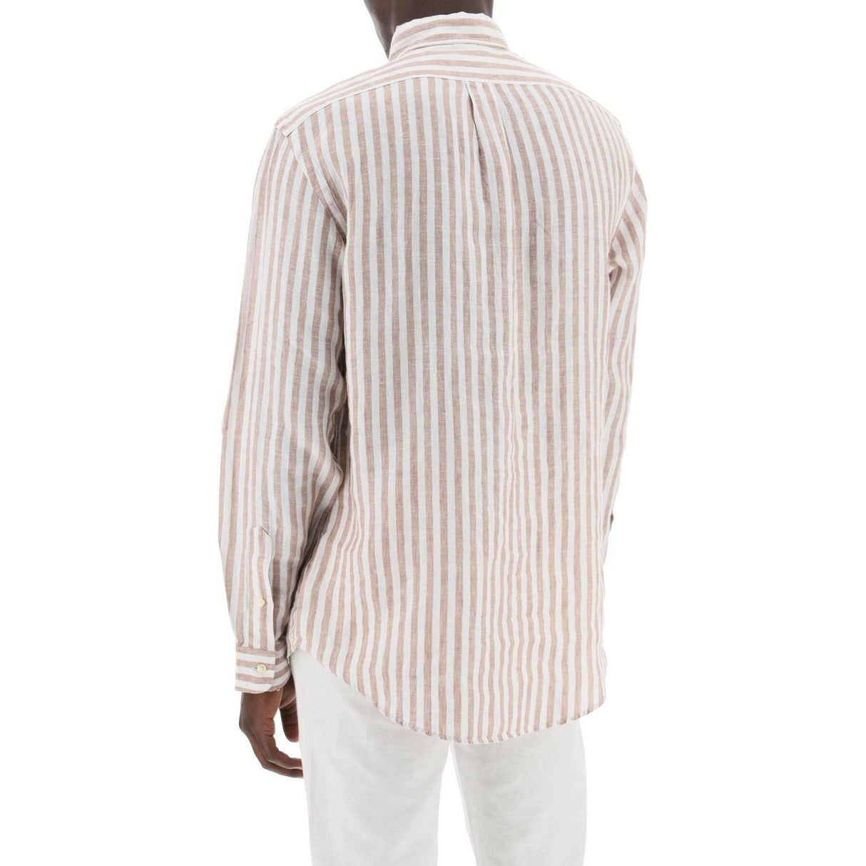 White and Khaki Striped Custom-Fit Linen Shirt.