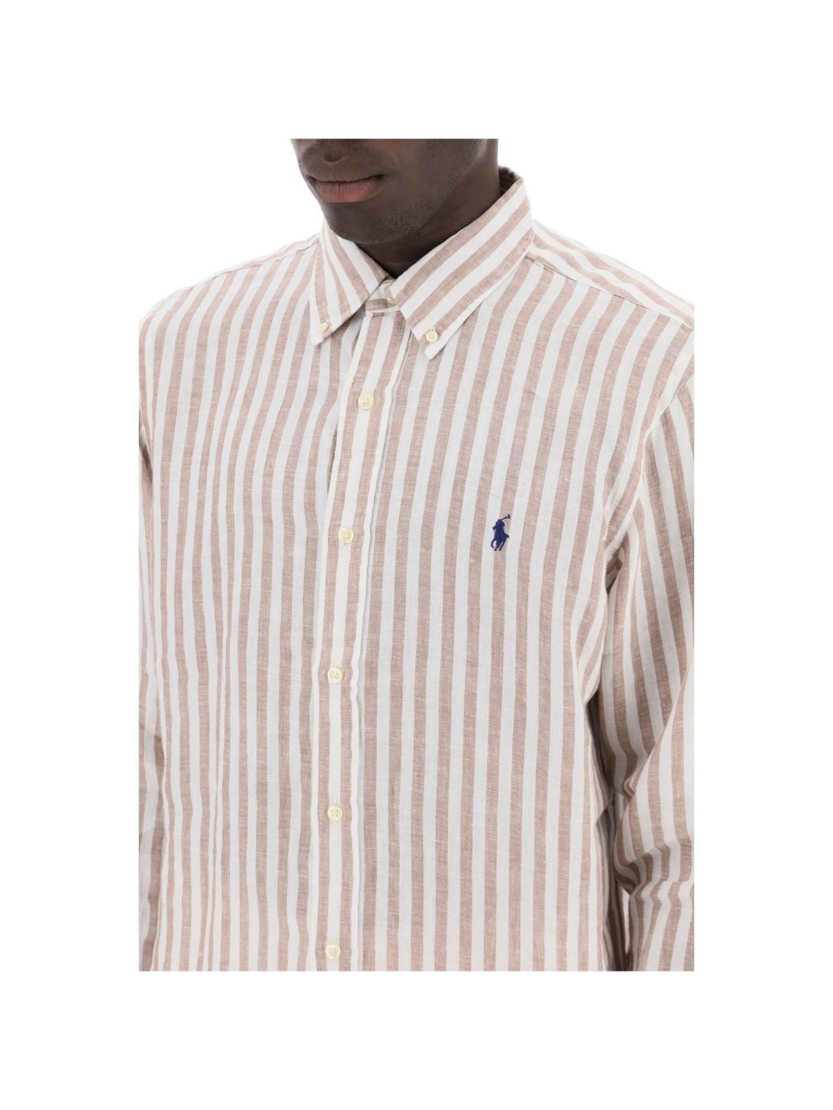 White and Khaki Striped Custom-Fit Linen Shirt.