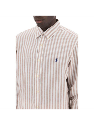 White and Khaki Striped Custom-Fit Linen Shirt.