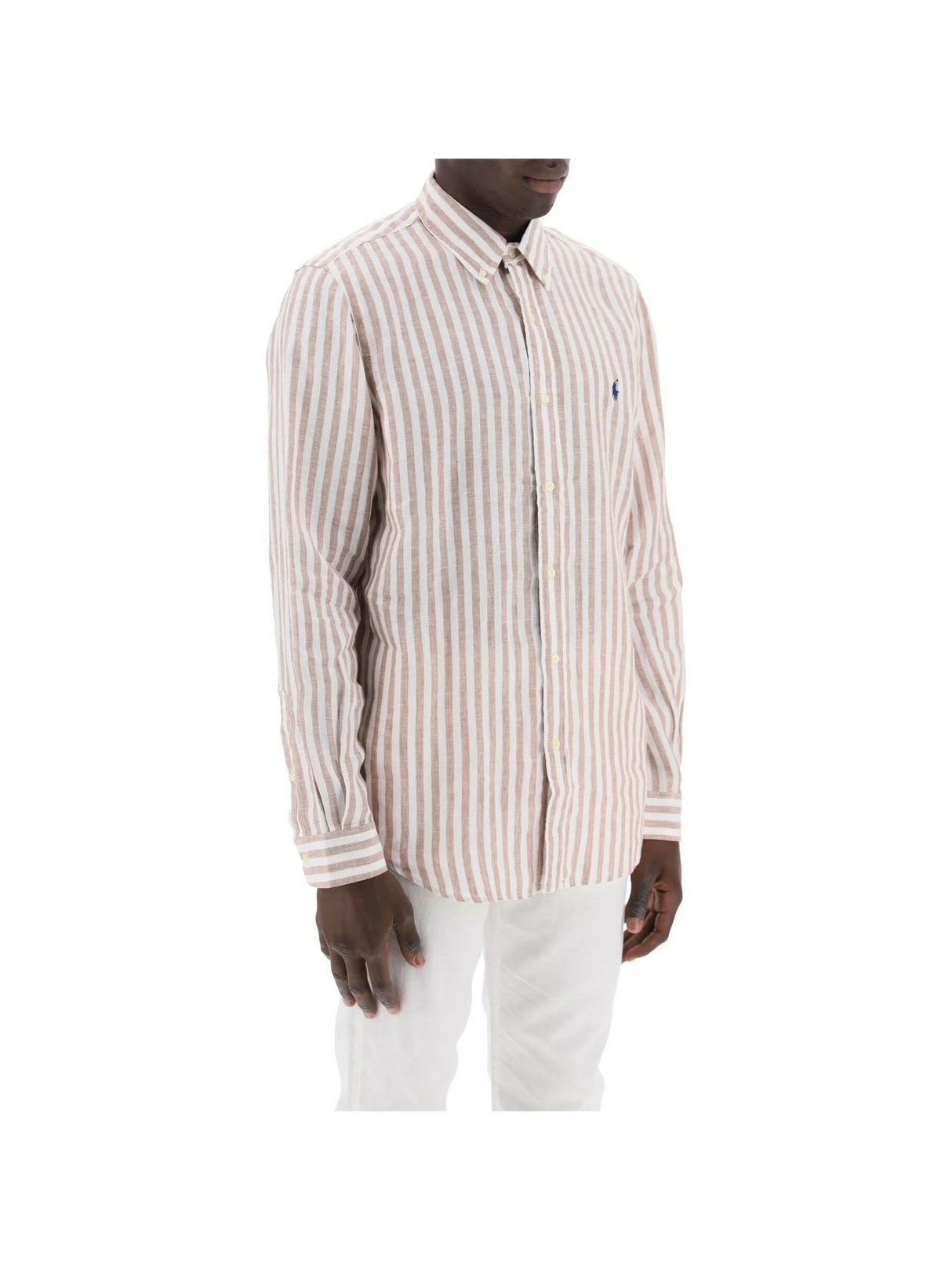 White and Khaki Striped Custom-Fit Linen Shirt.