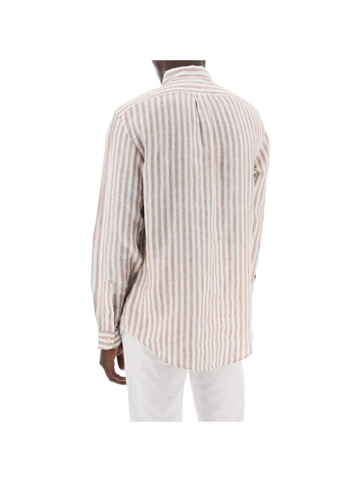 White and Khaki Striped Custom-Fit Linen Shirt.