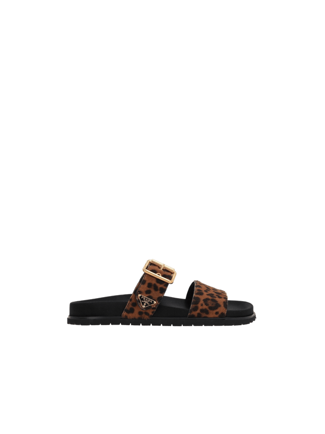 Leopard Printed Calf Hair Slide Sandals-PRADA-JOHN JULIA