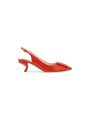 Patent Virgule Lacquered Buckle Slingback Pumps.