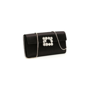 Satin Flower Strass Buckle Clutch on Chain.