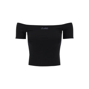 Black Off-Shoulder Organic Cotton-Blend Logo Top ROTATE JOHN JULIA.