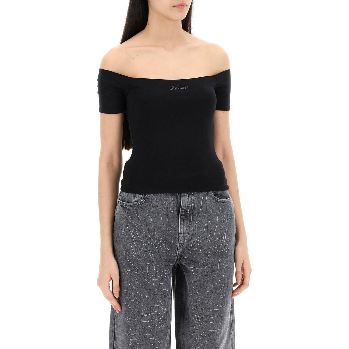 Black Off-Shoulder Organic Cotton-Blend Logo Top ROTATE JOHN JULIA.