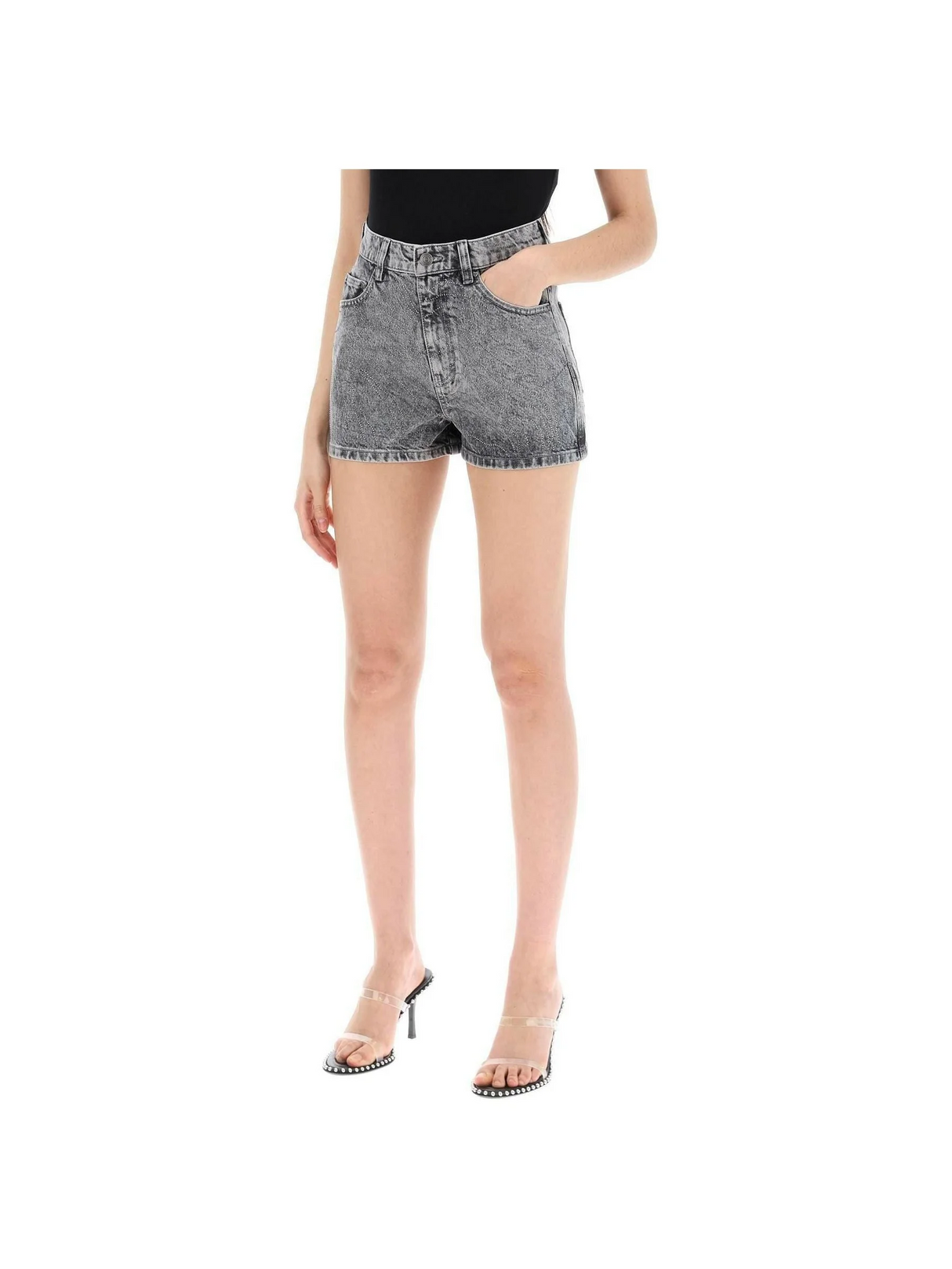 Grey Rhinestone Denim Shorts ROTATE JOHN JULIA.