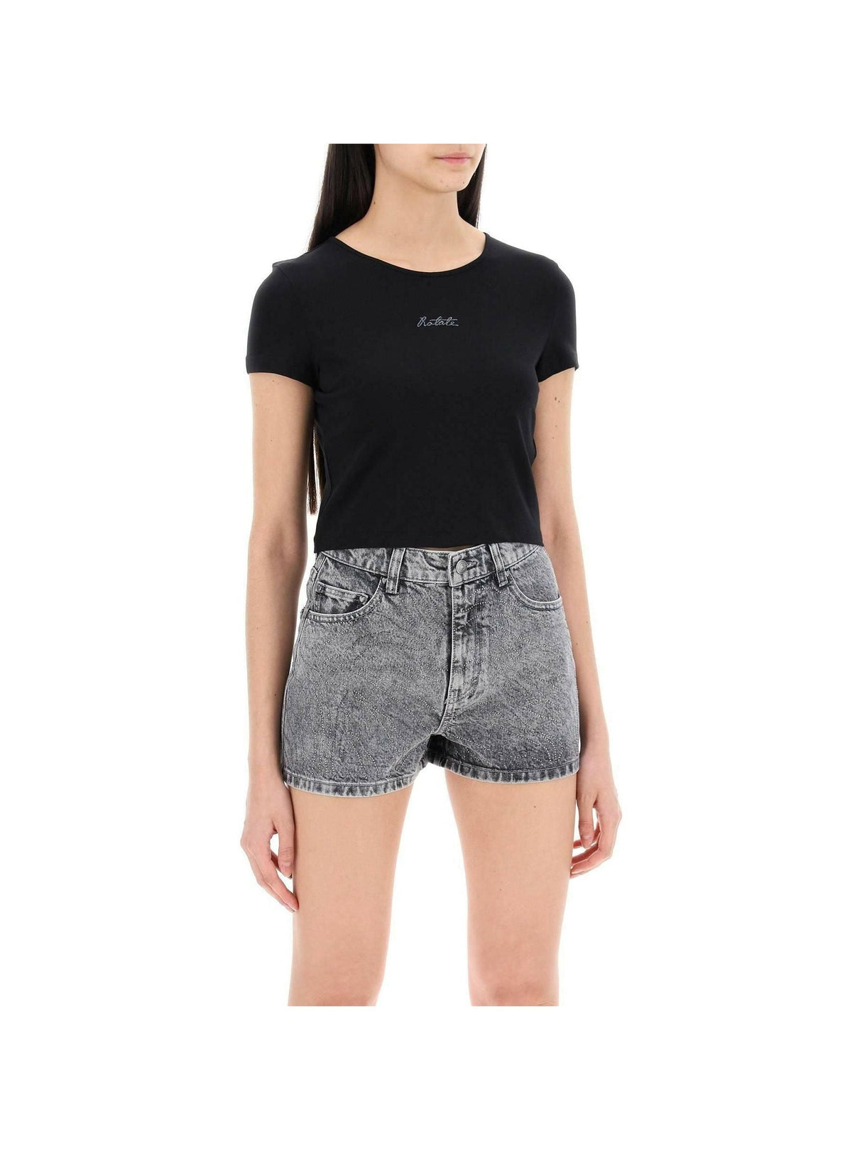 Black Logo Cropped Organic Cotton-Blend T-Shirt ROTATE JOHN JULIA.