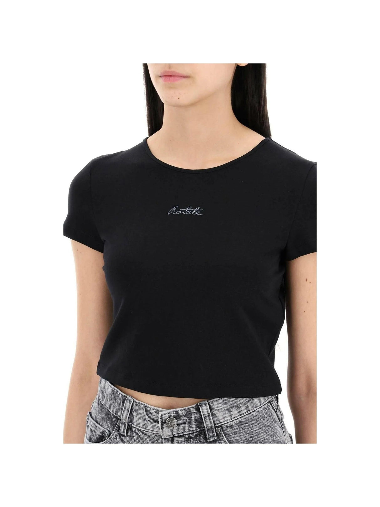 Black Logo Cropped Organic Cotton-Blend T-Shirt ROTATE JOHN JULIA.