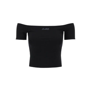 Black Off-Shoulder Organic Cotton-Blend Logo Top ROTATE JOHN JULIA.