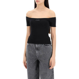 Black Off-Shoulder Organic Cotton-Blend Logo Top ROTATE JOHN JULIA.