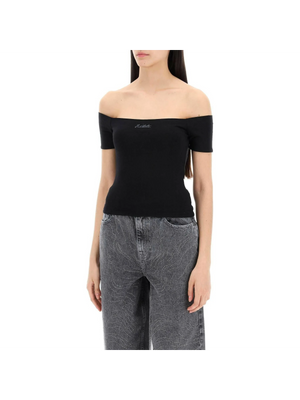 Black Off-Shoulder Organic Cotton-Blend Logo Top ROTATE JOHN JULIA.