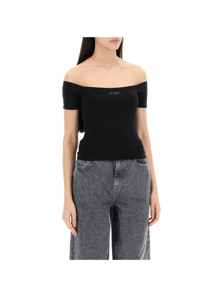 Black Off-Shoulder Organic Cotton-Blend Logo Top ROTATE JOHN JULIA.