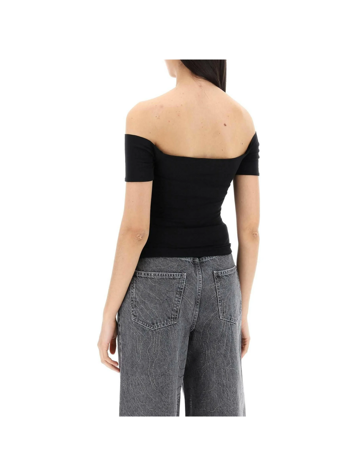 Black Off-Shoulder Organic Cotton-Blend Logo Top ROTATE JOHN JULIA.