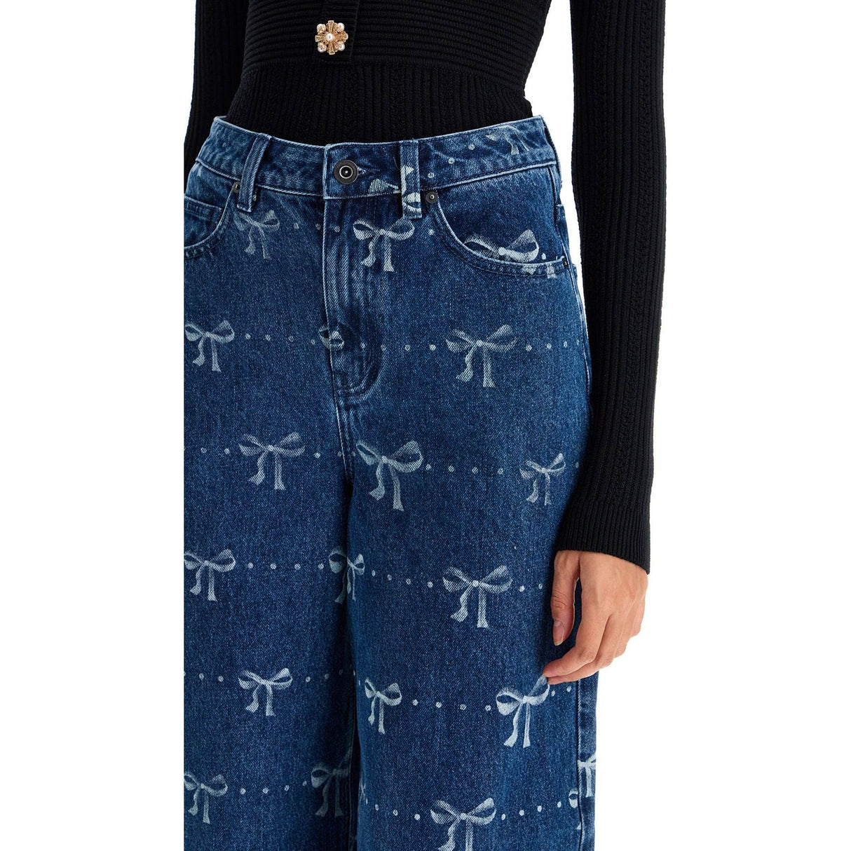 Wide Leg Jeans With Bow Print Design