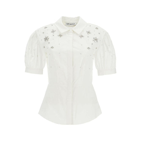 Crystal Embellished Puff Sleeve Cotton Shirt.