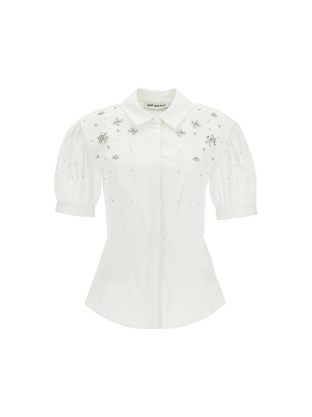 Crystal Embellished Puff Sleeve Cotton Shirt.